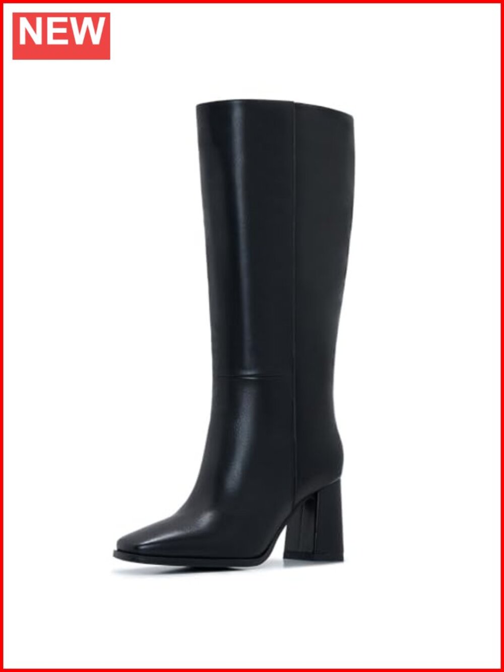 Wide Calf Knee High Boots Faux Leather Square Toe Chunky Heel Zipper Tall